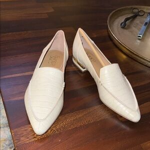 Franco Sarto Cream Croc-Embossed Pointed Loafers with Gold Accent